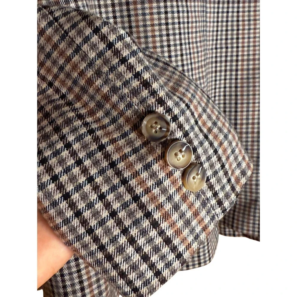 Womens Plaid Blazer Jacket Double Breasted Brown Tan Black Classic Fall Style - Picture 3 of 9